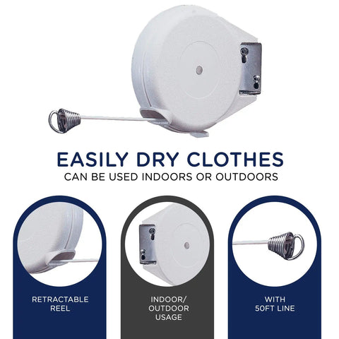 Indoor Clothesline With Retractable Reel 50 Foot Line No Fuss Drying System 10 Kg Capacity Wall Mount Inside And Outside Use Clips