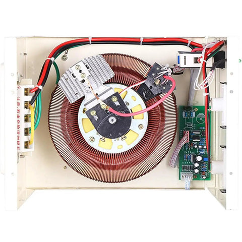 Heavy Duty Voltage Stabilizer And Automatic Voltage Regulator With Surge Protection Power Conditioner For Home Appliances 5000Va interior view showing copper coil and circuit components.