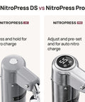 Comparison of NitroPress DS and Pro models showcasing designs and features of Top Shelf Electric Nitro Cold Brew Coffee And Cocktail Brewer For Casual Home Mixologists Pouring Hella Smooth Cascading Streams With Silky Microfoam And Slick Cafe Vibes.