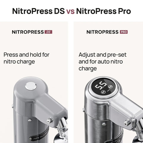 Comparison of NitroPress DS and Pro models showcasing designs and features of Top Shelf Electric Nitro Cold Brew Coffee And Cocktail Brewer For Casual Home Mixologists Pouring Hella Smooth Cascading Streams With Silky Microfoam And Slick Cafe Vibes.