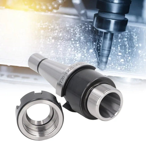 Knockout Performance NT30 ER25 M12 Collet Chuck Holder For CNC Milling showing tapered tool and adapter for precision cutting.