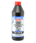 Bottle of High Performance 75W-90 Gear Oil GL4 Plus for Manual Transmissions, 1 Liter, black with red cap and label.