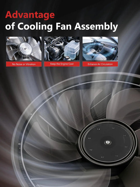 Engine Radiator Cooling Fan Assembly Direct Bolt On Replacement Compatible With Ford Focus Electric And Gas Engines showing fan blades and advantages.