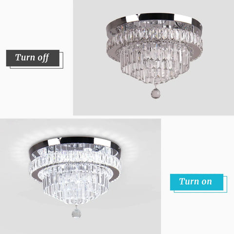 16 Inch Sleek Modern Crystal Chandelier Chrome Flush Mount Ceiling Light Fixture With Five Tiers Led for dining room on-off