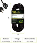 100 Ft Outdoor Extension Cord 14/3 SJTW Black Contractor Grade Weather Resistant Durable Not For EV Chargers