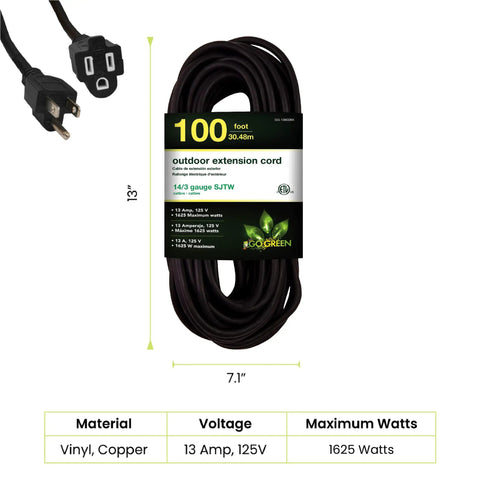 100 Ft Outdoor Extension Cord 14/3 SJTW Black Contractor Grade Weather Resistant Durable Not For EV Chargers