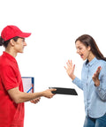 Courier handing over Black Bubble Mailers 6x10 Inch 100 Pack Padded Envelopes to a delighted woman