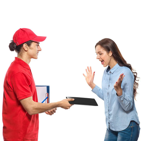 Courier handing over Black Bubble Mailers 6x10 Inch 100 Pack Padded Envelopes to a delighted woman
