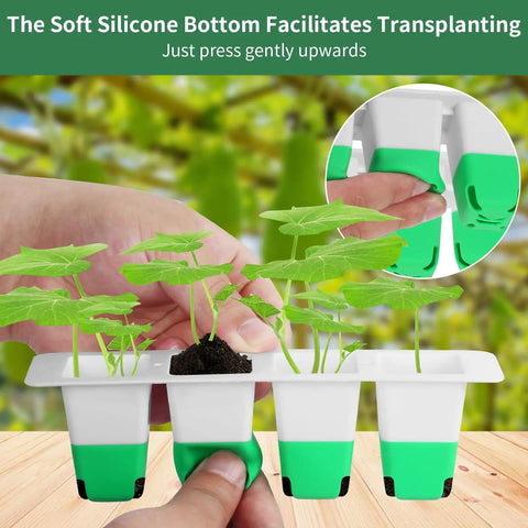 80 Cell Seed Starter Tray Kit With Soft Silicone Cell Bases showing ease of transplanting by pressing silicone bottom