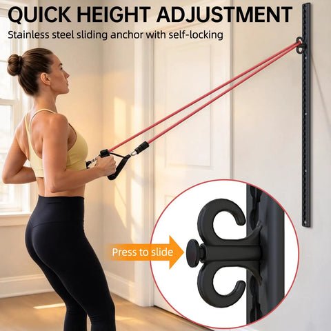 Crush Your Daily Reps With This Solid 40 Inch Adjustable Resistance Band Wall Anchor Featuring 37 Locking Positions For Complete Home Gym Full Body Workout Sessions, showing a user adjusting height.