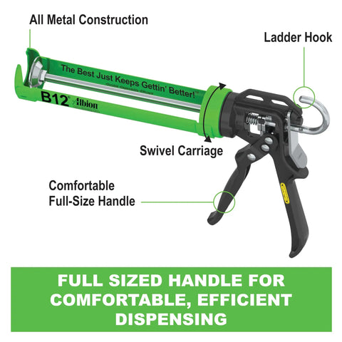 B12 B Line Manual Caulking Gun For Ten Ounce Cartridges, 12 To 1 Drive, 375 Lbf Thrust, 120 Psi, with Full Size Handle and Swivel Carriage