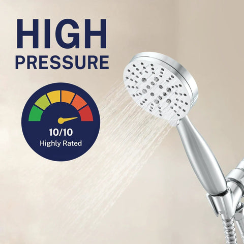 Solid Metal 3 Spray Handheld Shower Head With Long Hose And Holder Chrome Finish 2.5 GPM showing high pressure spray