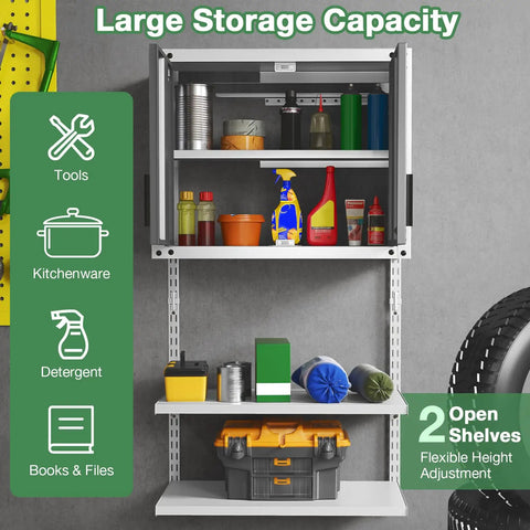 Heavy Duty Metal Wall Mounted Tool Cabinet With Lockable Doors And 3 Adjustable Shelves Hanging Storage Chest in use