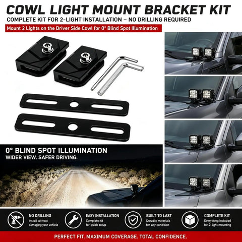 No Drill Clamp On Hood Mount LED Light Bar Brackets kit for A Pillar Ditch Lights on SUV with installation tools