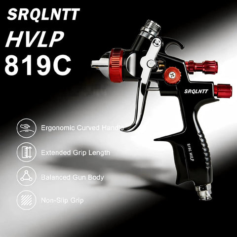 Pro Level HVLP Air Spray Gun Kit With 1.4 1.7 And 2.0Mm Nozzles, Built In Air Regulator And 10 Mixing Cups For Weekend Warriors side view of ergonomic spray gun with curved handle