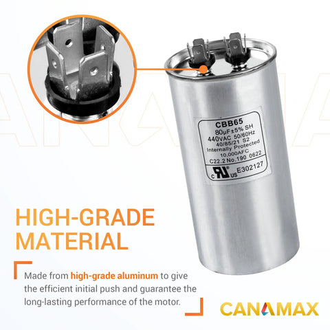 80 Uf Run Start Capacitor 370-440 VAC 50/60 Hz CBB65 For Single Phase Motors Air Conditioners Condensers 80 MFD