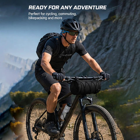 Cyclist using Waterproof Front Bike Handlebar Bag With Dual Zippers Durable Oxford Cloth Storage Pouch on mountain trail.