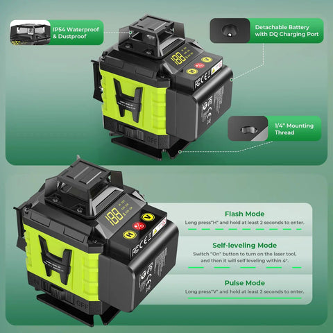 Pro Grade 16 Line Laser Level 360 Self Leveling With 4X360 4D Green Cross Lines Two Batteries Adjustable Brightness And Remote Control Built For Tiling Floor Install Construction And Picture Hanging showing flash, self-leveling, and pulse modes.