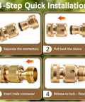 Four-step installation guide for Two Sets Brass Garden Hose Quick Connect Fittings Three Quarter Inch GHT Male And Female.