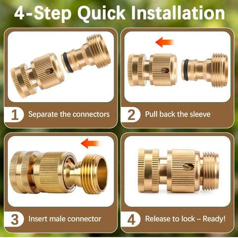 Four-step installation guide for Two Sets Brass Garden Hose Quick Connect Fittings Three Quarter Inch GHT Male And Female.