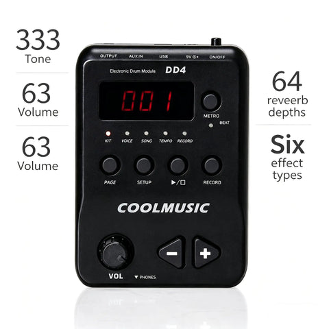 Close-up of drum module with display, controls, 333 tones, part of Eight Piece Electronic Drum Kit With Mesh Heads, USB, MIDI.