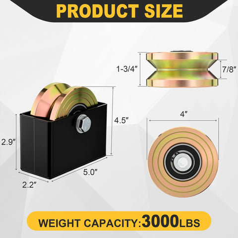Rock Solid Workhorse 4 Inch V Groove Sliding Gate Rollers Two Pack Heavy Duty Steel Wheels With Welded Base dimensions and details.