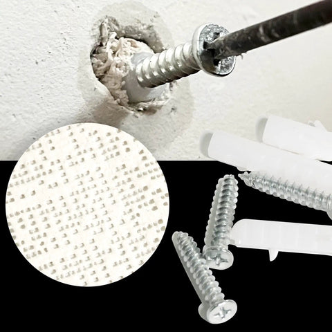 20 Pack Drywall And Masonry Wall Repair Kit For Heavy Duty Hole Patches, Fix Loose Anchors And Wall Fixtures, Works With Various Screw Sizes, Quick Set Patch Filler, DIY Home Improvement image showing screws in wall