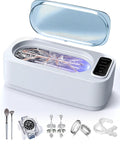Heavy Duty Ultrasonic Jewelry Cleaner Machine Packing 48Khz Cavitation Punch with rings, glasses, and watch in view.
