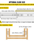 Diagram illustrating Heavy Duty 30 Inch Drawer Slides With Locking Mechanism installation, showing measurements for cabinet and drawer fit.