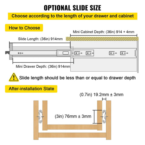 Diagram illustrating Heavy Duty 30 Inch Drawer Slides With Locking Mechanism installation, showing measurements for cabinet and drawer fit.