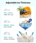 Adjustable ice thickness options display showing Thin, Medium, and Thick cubes for versatile drink preparation with Countertop Crescent Ice Maker Slings Sixteen Chill Cubes In Twelve Minutes On Timer With Auto Flush Cycle And Adjustable Thickness For Your Weekend Kickback Shindig.