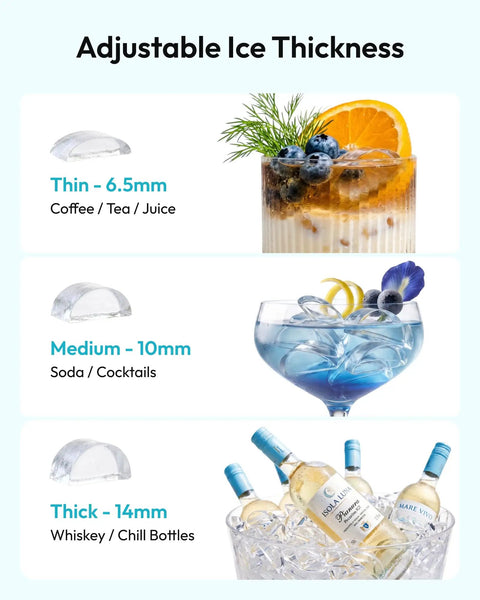 Adjustable ice thickness options display showing Thin, Medium, and Thick cubes for versatile drink preparation with Countertop Crescent Ice Maker Slings Sixteen Chill Cubes In Twelve Minutes On Timer With Auto Flush Cycle And Adjustable Thickness For Your Weekend Kickback Shindig.
