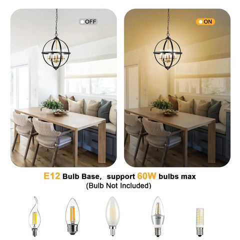 Rustic Farmhouse Chandelier 14-Inch Globe Pendant Light in Vintage Black and Gold in dining room, E12 bulb compatibility