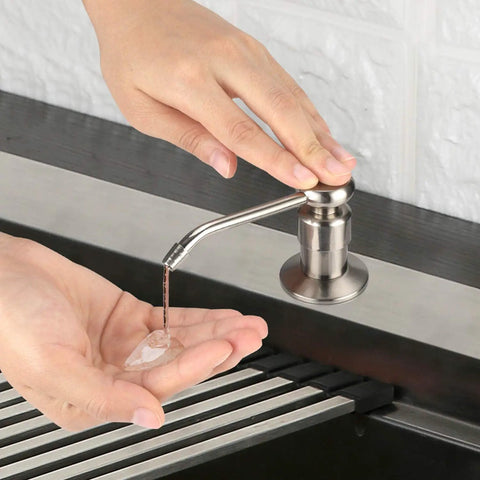 Person using Under Counter Kitchen Sink Soap Dispenser Extension Tube Kit 47 Inch Upgrade with Metal Check Valve Long Hose