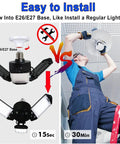 High Output 80W Garage Light With 3 Adjustable Panels Delivers 8000 Lumen At 6500K Daylight shown with easy install guide