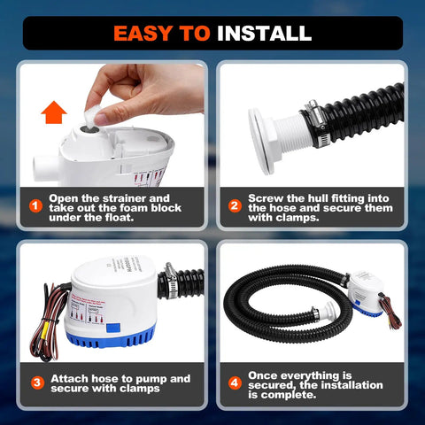 Installation steps for 1100 GPH 12V Automatic Bilge Pump Kit For Boats With 1 1/8 Inch Outlet, 6Ft Hose, Clamps, Thru Hull Fitting