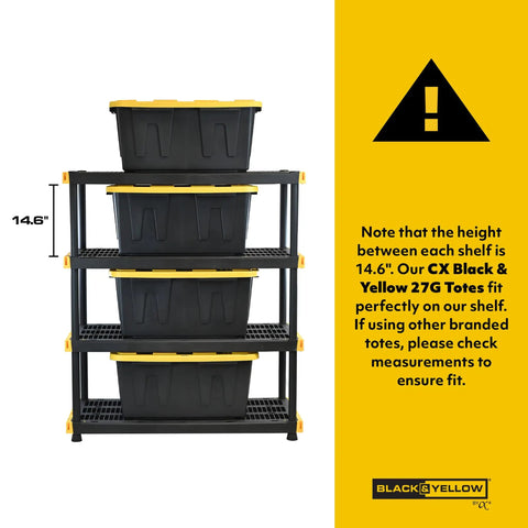 Beefy 27 Gallon Heavy Duty Stackable Storage Bins with Lids on shelves, 14.6-inch height between shelves, shown in black and yellow.