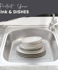 Two Pack Kitchen Sink Protectors 12 By 11 Inch Plastic Grid Mats white dish rack with dishes preventing stains and scratches