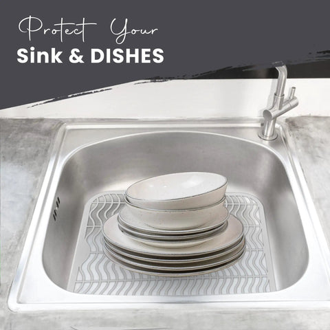 Two Pack Kitchen Sink Protectors 12 By 11 Inch Plastic Grid Mats white dish rack with dishes preventing stains and scratches