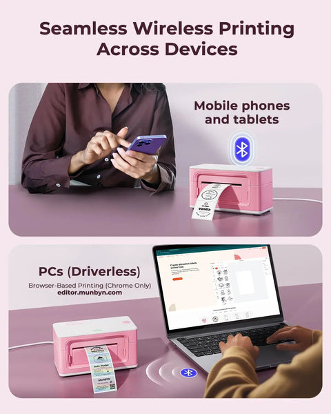 Bluetooth Thermal Label Printer 941BP Wireless 300DPI 4x6 Shipping Labels For Small Biz Works With Windows Mac iPhone Android PC Amazon Shopify Etsy USPS Pink