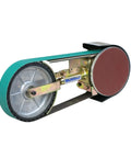 Heavy Duty 2X48 Belt Bench Grinder Attachment With 8 Inch Contact Wheel And 7 Inch Disc No Hassle Quick Change Auto Tensioning Setup Badass Knifemaking And Blade Sharpening Tool Fits Half And Five Eighths Shafts Shop Ready Beast, featuring a green tracked belt and a metal base.