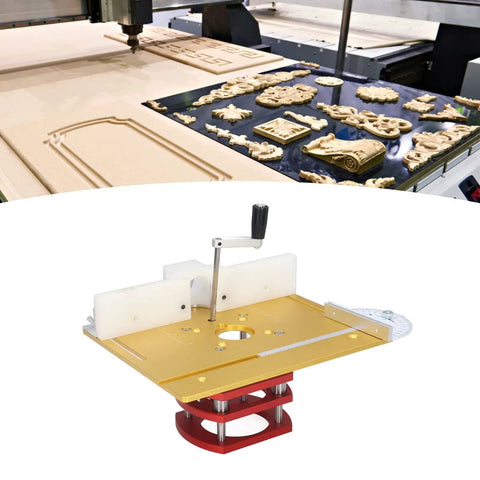 Heavy Duty Router Lift Kit With Precision Table Insert Plate and Locking Clamp Base, showing cutting details on routing table.