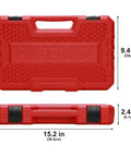 Red carrying case for Heavy Duty Three Eighths Inch Drive Impact Socket Set, Forty Nine Piece SAE And Metric, with dimensions.