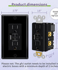 15 Amp GFCI Outlet 6 Pack Featuring Dual USB Type C And A Ports Self Testing Receptacle dimension details shown with measurements.