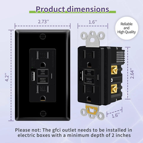 15 Amp GFCI Outlet 6 Pack Featuring Dual USB Type C And A Ports Self Testing Receptacle dimension details shown with measurements.