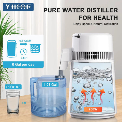 Heavy Duty Stainless Steel Countertop Water Stiller That Makes Up To Six Gallons Distilled Water Daily For Healthier Hydration with durable plastic container.