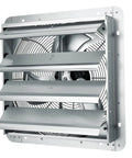 Powerhouse 16 Inch Shutter Exhaust Fan With AC Motor Delivers 2000 CFM For Wall Mount Attic Ventilation And Cooling In Greenhouses Garages Sheds FCC Listed, side view showing shutters and fan blades