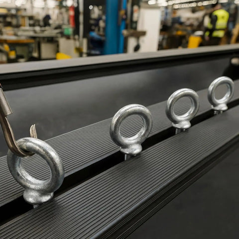 Built Like A Tank Heavy Duty 8 Pack 3/4 X 4 1/2 Inch Shoulder Eye Bolts With Nuts secured to equipment surface.