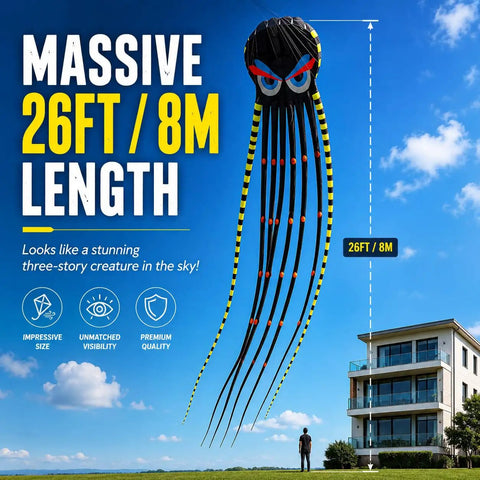 Giant 26 Foot 3D Octopus Kite With String In Blue Sky Foil Style soaring above a person near a house, showcasing its massive length.