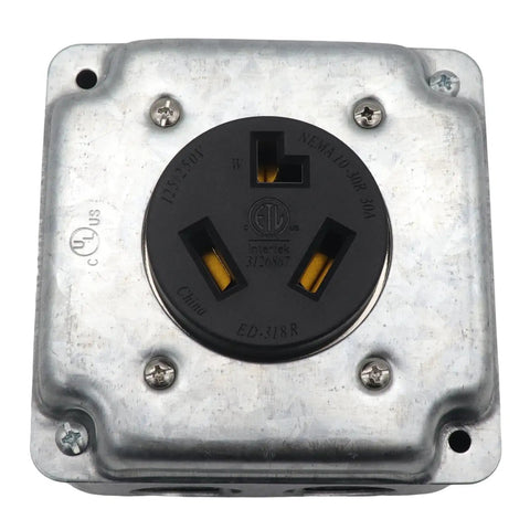 Industrial Grade Nema 10-30R Power Outlet with galvanized steel surface, designed for 30A heavy duty electrical use in garages.